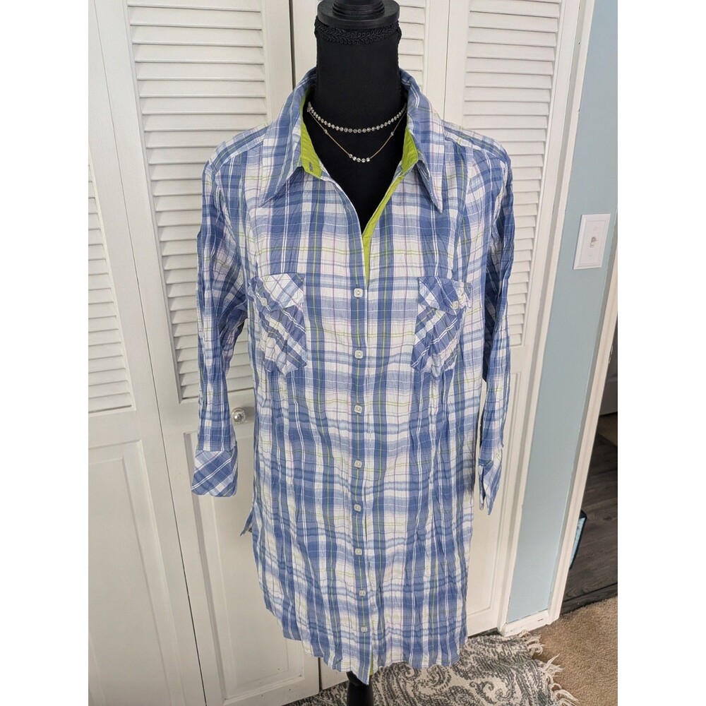 Lane Bryant Shirt Women's 18/20 Blue Lime Green Plaid Western Button Up Top NEW